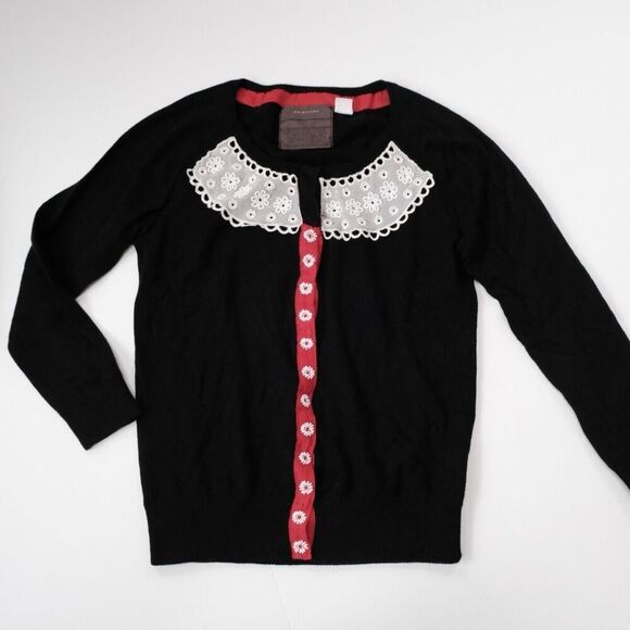 (R) ANTHROPOLOGIE Guinevere Beaded Lace Applique Cardigan Sweater Black Vintage - Picture 1 of 14